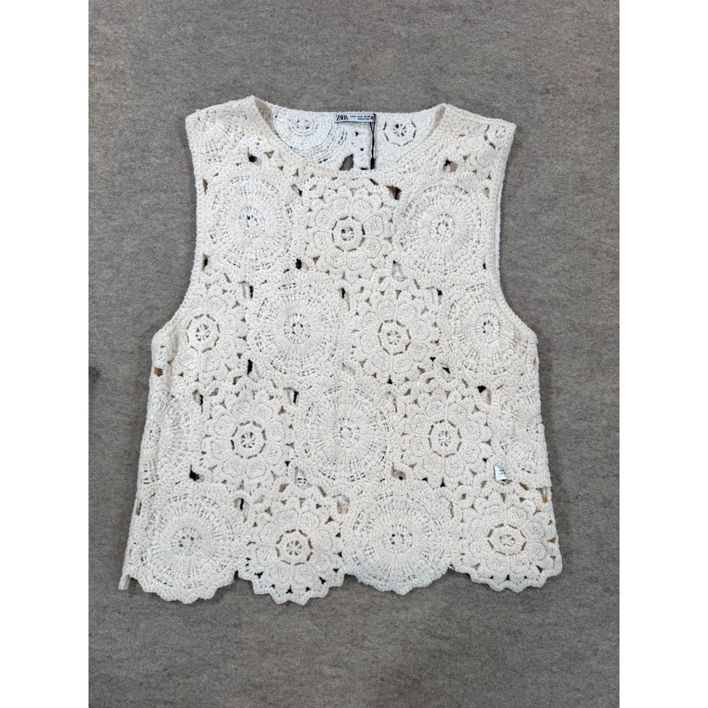 Zara Tank Top Womens Medium White Crochet Floral Motif Sleeveless Scalloped Hem